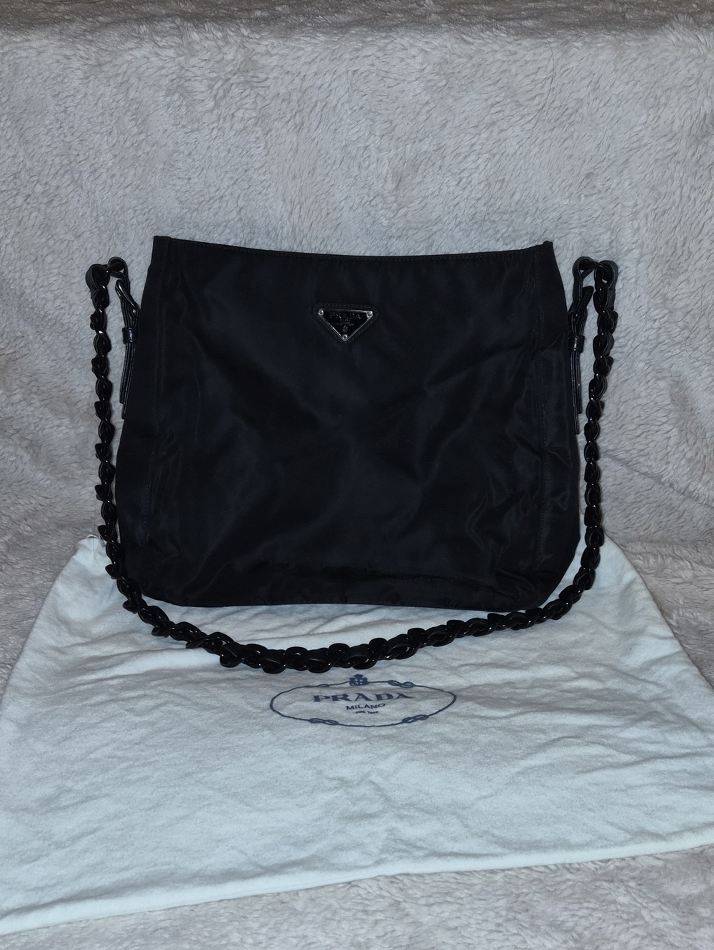 Prada Black Nylon Shoulder Bag with Chain Strap With Dust Bag